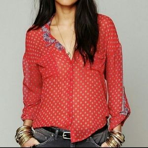 Free People Easy Rider Paisley Top Small Red white and blue sheer button…